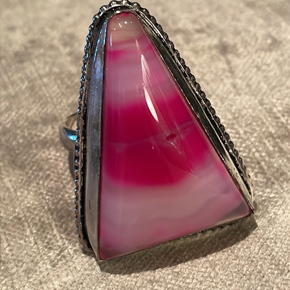 Pink Botswana Agate Natural Gemstone 925 Sterling Triangle Ring Size 8